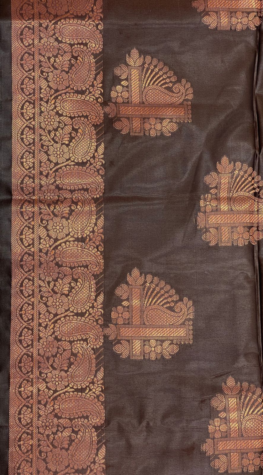Faishana Presents Black Art Silk Copper Zari Floral Boota Contrast Copper Zari Border and Banarasi Pallu with Black Blouse