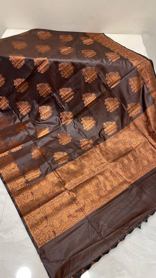Faishana Presents Black Art Silk Copper Zari Floral Boota Contrast Copper Zari Border and Banarasi Pallu with Black Blouse