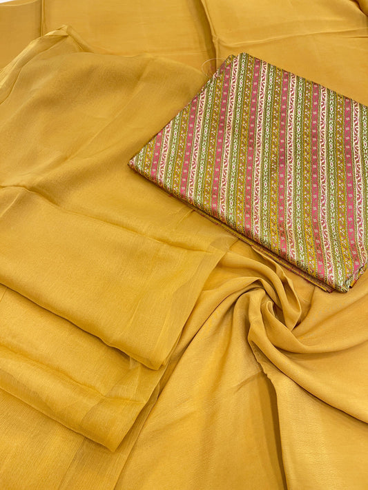 Faishana Presents Mustard Yellow Ada Mina Stripe 3pcs Suit with Mustard Yellow Plain Dupatta and Plain Mustard Yellow Bottom.
