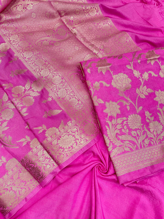 Faishana Presents Pink Floral Zari Jaal 3pcs Suit with Pink Floral Zari Jaal Dupatta and Plain Pink Bottom