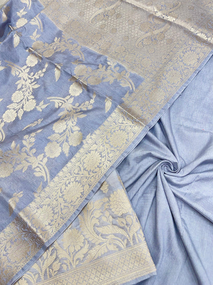 Faishana Presents Grey Floral Zari Jaal 3pcs Suit with Grey Floral Zari Jaal Dupatta and Plain Grey Bottom