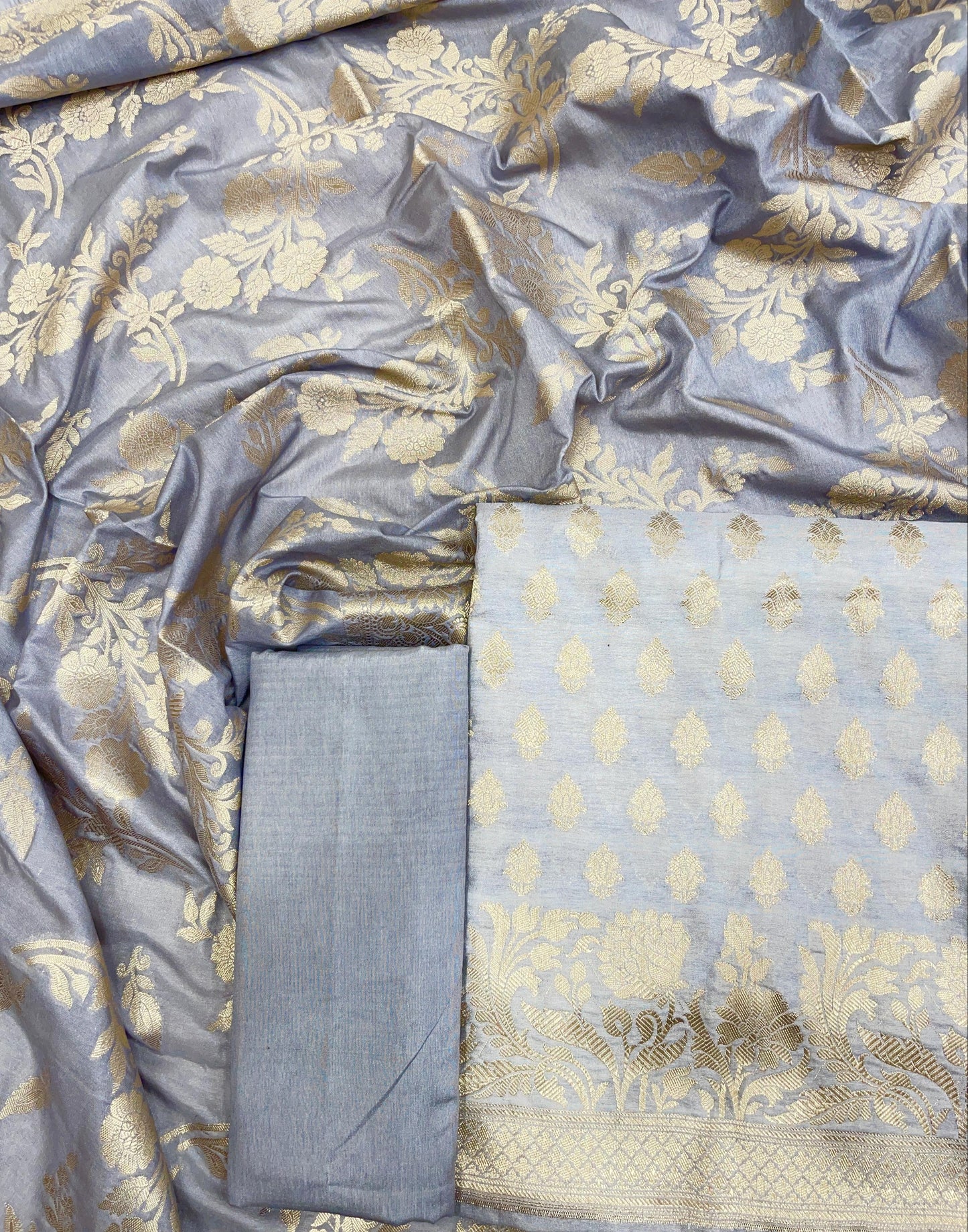 Faishana Presents Grey Floral Zari Jaal 3pcs Suit with Grey Floral Zari Jaal Dupatta and Plain Grey Bottom