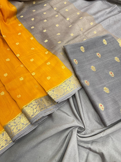 Faishana Pure Handloom Grey Munga Silk Floral Zari Mina Booti 3pcs Suit with Contrast Mustard Floral Zari Mina Booti Dupatta and Plain Grey Bottom