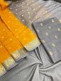 Faishana Pure Handloom Grey Munga Silk Floral Zari Mina Booti 3pcs Suit with Contrast Mustard Floral Zari Mina Booti Dupatta and Plain Grey Bottom