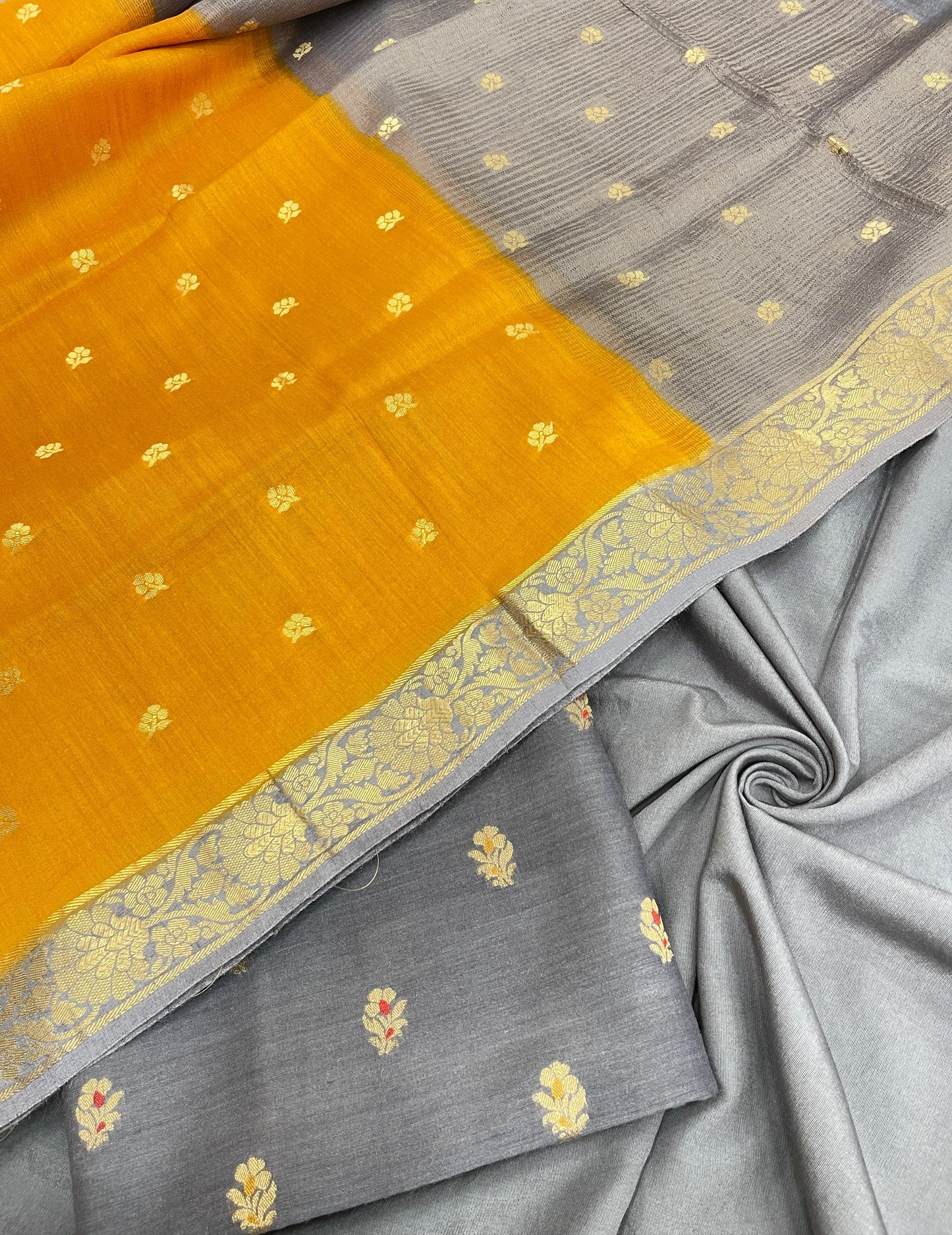 Faishana Pure Handloom Grey Munga Silk Floral Zari Mina Booti 3pcs Suit with Contrast Mustard Floral Zari Mina Booti Dupatta and Plain Grey Bottom