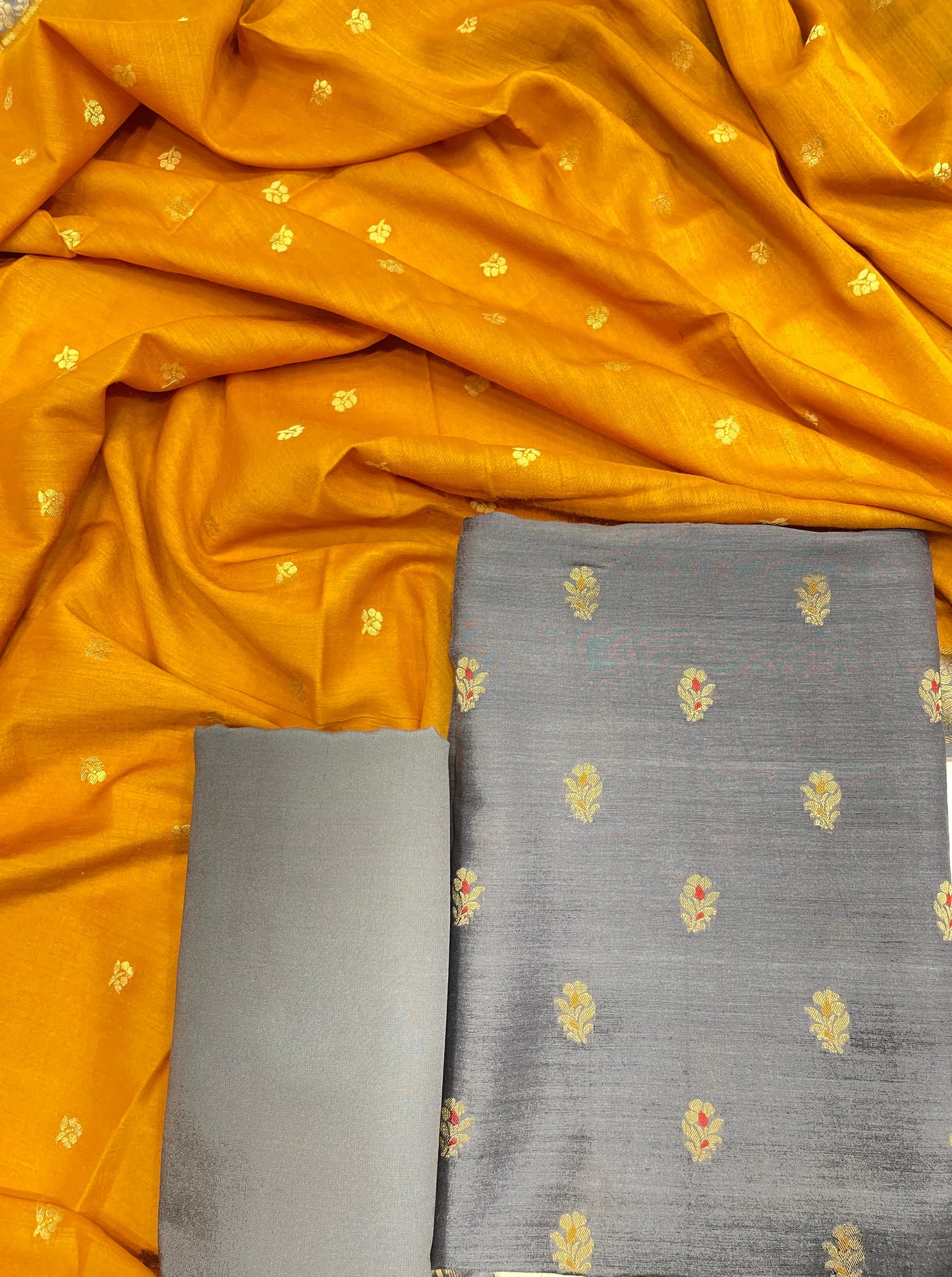 Faishana Pure Handloom Grey Munga Silk Floral Zari Mina Booti 3pcs Suit with Contrast Mustard Floral Zari Mina Booti Dupatta and Plain Grey Bottom
