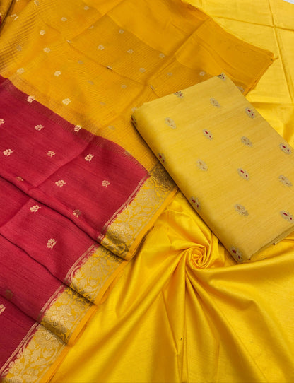 Faishana Pure Handloom Gold Munga Silk Floral Zari Mina Booti 3pcs Suit with Contrast Red Floral Zari Booti Dupatta and Plain Gold Bottom