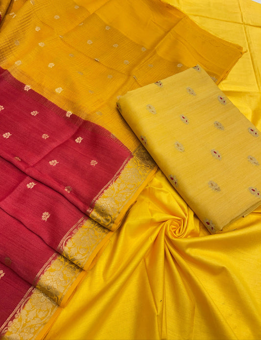Faishana Pure Handloom Gold Munga Silk Floral Zari Mina Booti 3pcs Suit with Contrast Red Floral Zari Booti Dupatta and Plain Gold Bottom