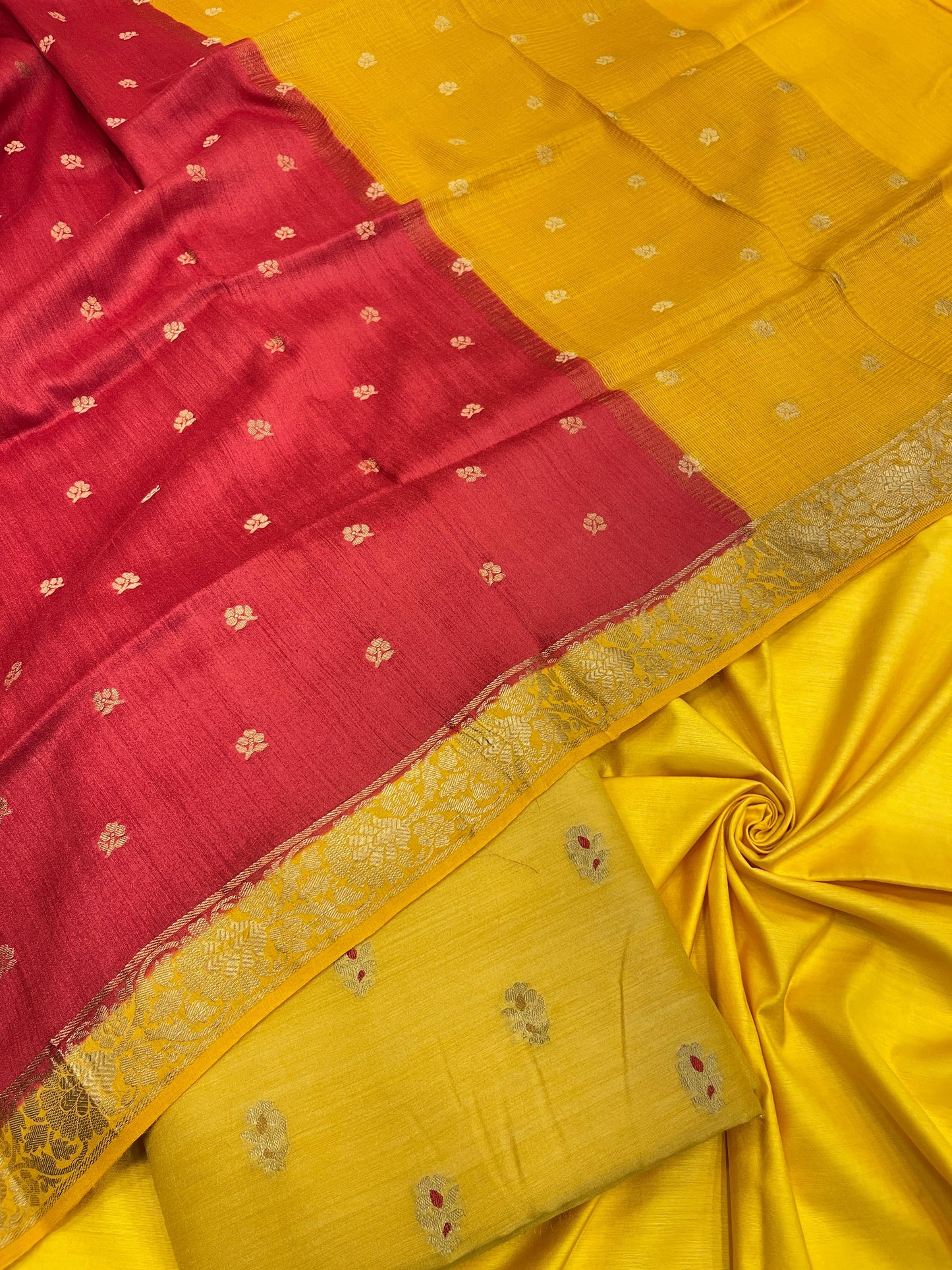 Faishana Pure Handloom Gold Munga Silk Floral Zari Mina Booti 3pcs Suit with Contrast Red Floral Zari Booti Dupatta and Plain Gold Bottom