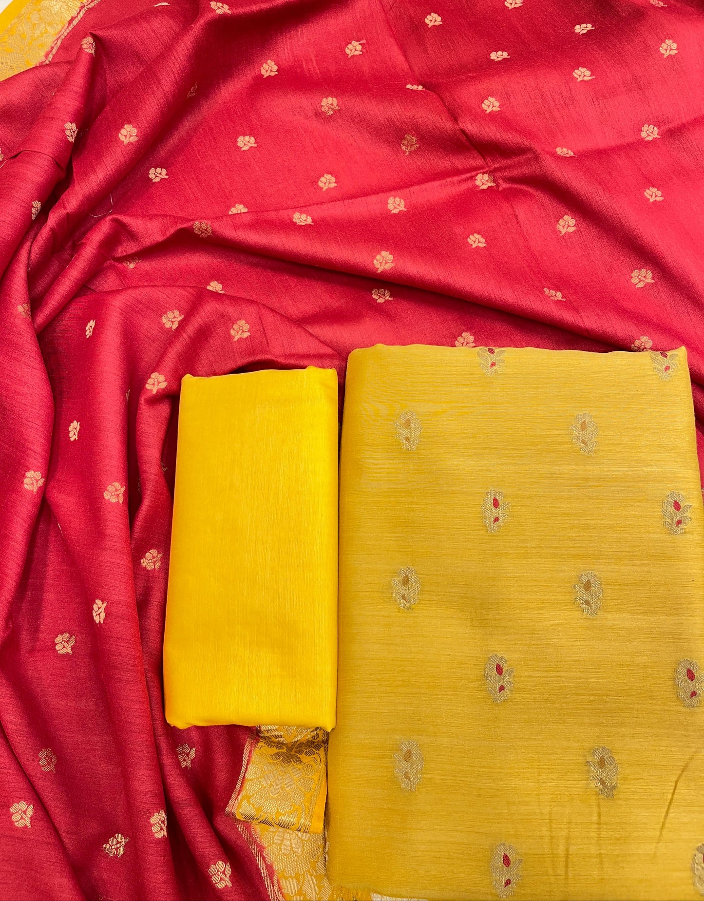 Faishana Pure Handloom Gold Munga Silk Floral Zari Mina Booti 3pcs Suit with Contrast Red Floral Zari Booti Dupatta and Plain Gold Bottom