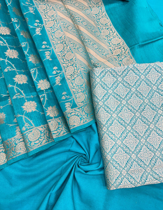 Faishana Pure Handloom Turqouise Blue Munga Silk Floral Stripe Checkered 3pcs Suit with Floral Zari Jaal Dupatta and Plain Turqouise Blue Bottom