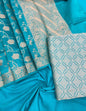 Faishana Pure Handloom Turqouise Blue Munga Silk Floral Stripe Checkered 3pcs Suit with Floral Zari Jaal Dupatta and Plain Turqouise Blue Bottom