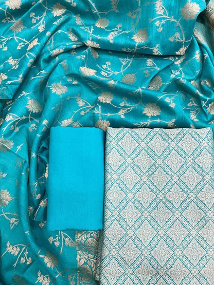 Faishana Pure Handloom Turqouise Blue Munga Silk Floral Stripe Checkered 3pcs Suit with Floral Zari Jaal Dupatta and Plain Turqouise Blue Bottom