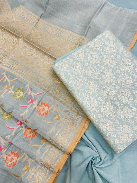Faishana Pure Handloom Light Grey Munga Silk Floral Zari Tilfi Boota Jaal 3pcs Suit with Floral Mina Zari Tilfi Jaal Dupatta and Plain Light Grey Bottom