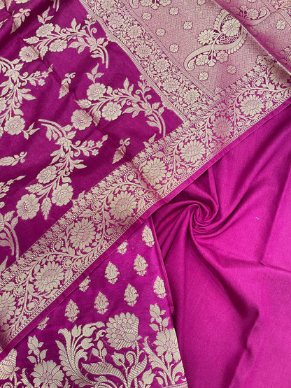 Faishana Presents Purple Alfi Mina Zari Booti Floral Border 3pcs Suit with Purple Floral Zari Jaal Dupatta and Plain Purple Bottom