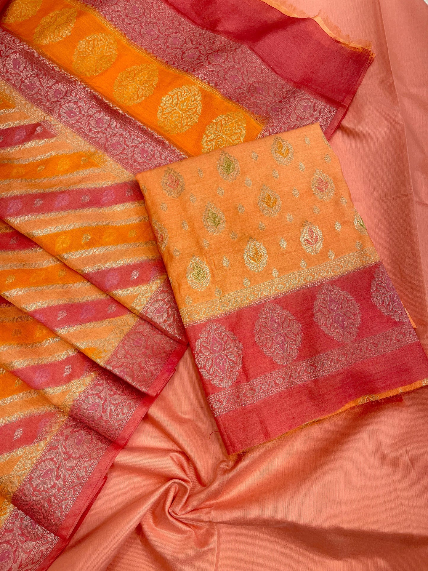 Faishana Presents Orange Alfi Mina Zari Booti and Contrast Pink Border 3pcs Suit with Rangkaat Multi Ada Stripe Dupatta and Plain Peach Bottom