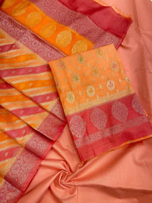 Faishana Presents Orange Alfi Mina Zari Booti and Contrast Pink Border 3pcs Suit with Rangkaat Multi Ada Stripe Dupatta and Plain Peach Bottom
