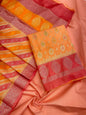 Faishana Presents Orange Alfi Mina Zari Booti and Contrast Pink Border 3pcs Suit with Rangkaat Multi Ada Stripe Dupatta and Plain Peach Bottom