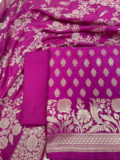 Faishana Presents Purple Alfi Mina Zari Booti Floral Border 3pcs Suit with Purple Floral Zari Jaal Dupatta and Plain Purple Bottom