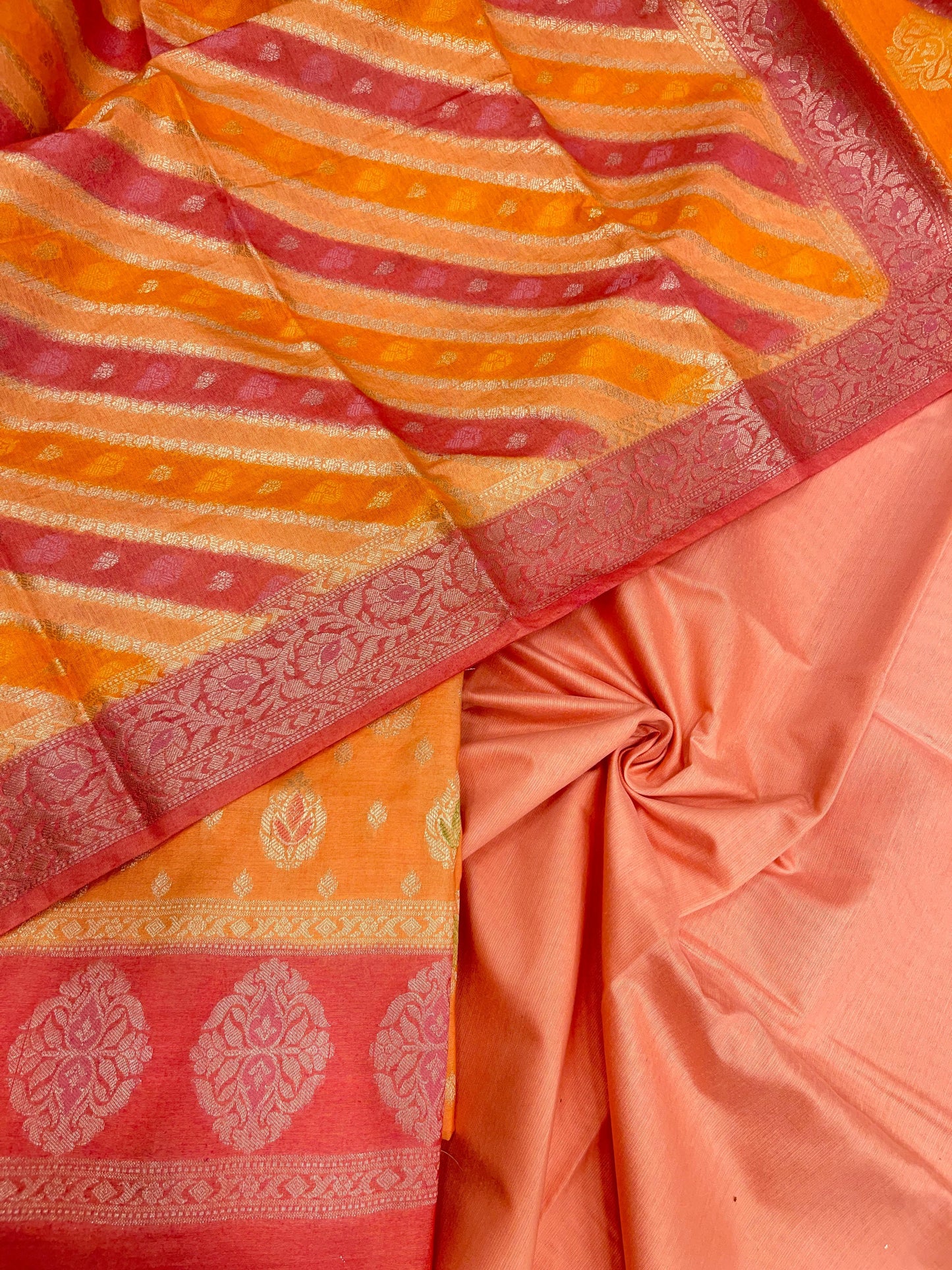 Faishana Presents Orange Alfi Mina Zari Booti and Contrast Pink Border 3pcs Suit with Rangkaat Multi Ada Stripe Dupatta and Plain Peach Bottom