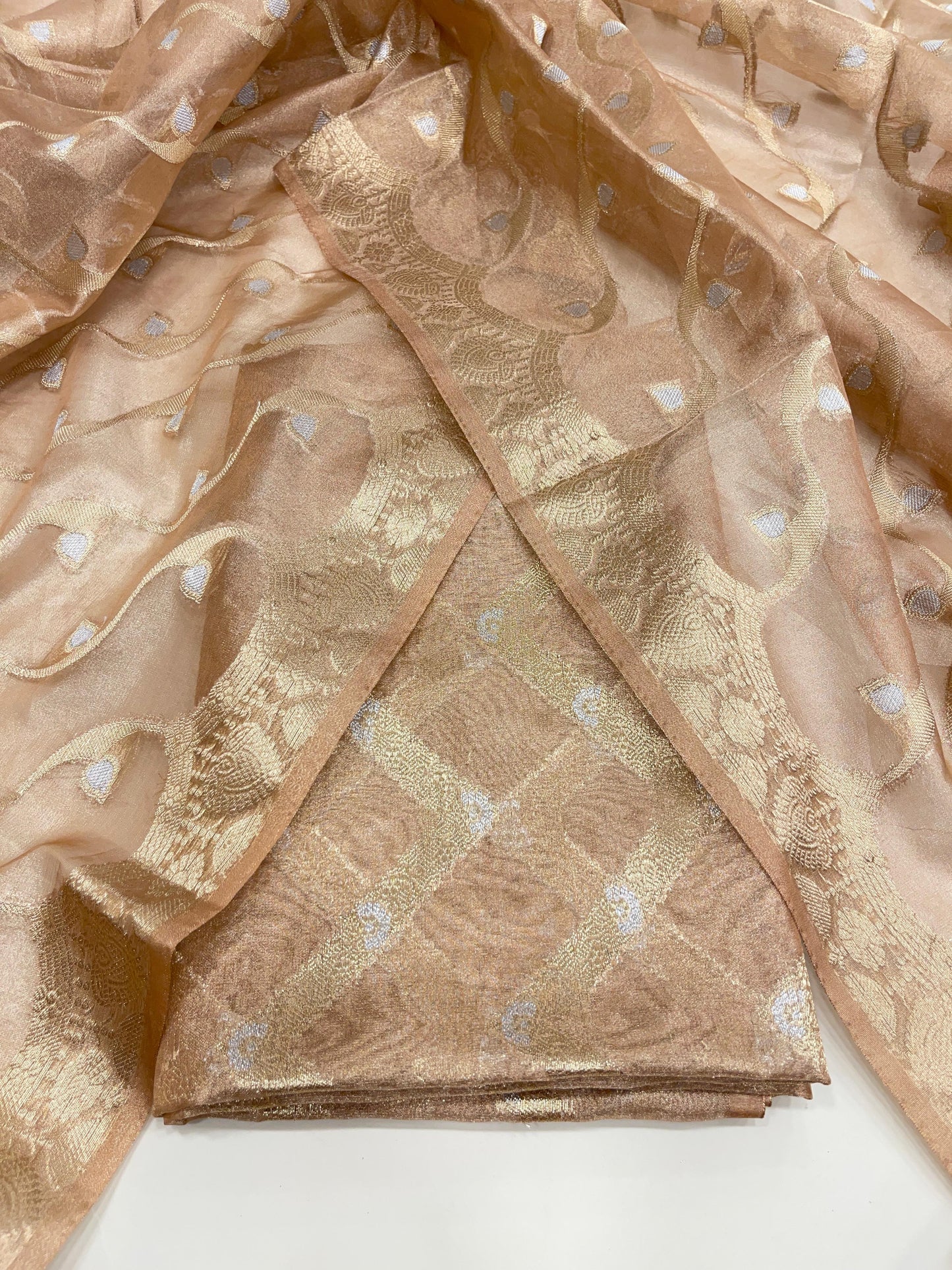 Faishana Presents Peach Gold Zari-Zag Silver Mina Stripe 3pcs Suit with Peach Lehariya Silver Mina Gold Stripe Jaal Dupatta