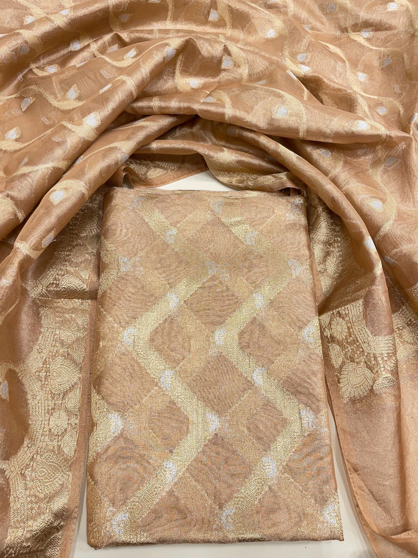 Faishana Presents Peach Gold Zari-Zag Silver Mina Stripe 3pcs Suit with Peach Lehariya Silver Mina Gold Stripe Jaal Dupatta