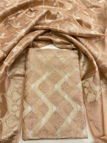 Faishana Presents Peach Gold Zari-Zag Silver Mina Stripe 3pcs Suit with Peach Lehariya Silver Mina Gold Stripe Jaal Dupatta