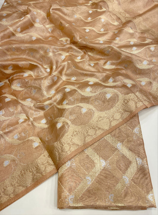 Faishana Presents Peach Gold Zari-Zag Silver Mina Stripe 3pcs Suit with Peach Lehariya Silver Mina Gold Stripe Jaal Dupatta