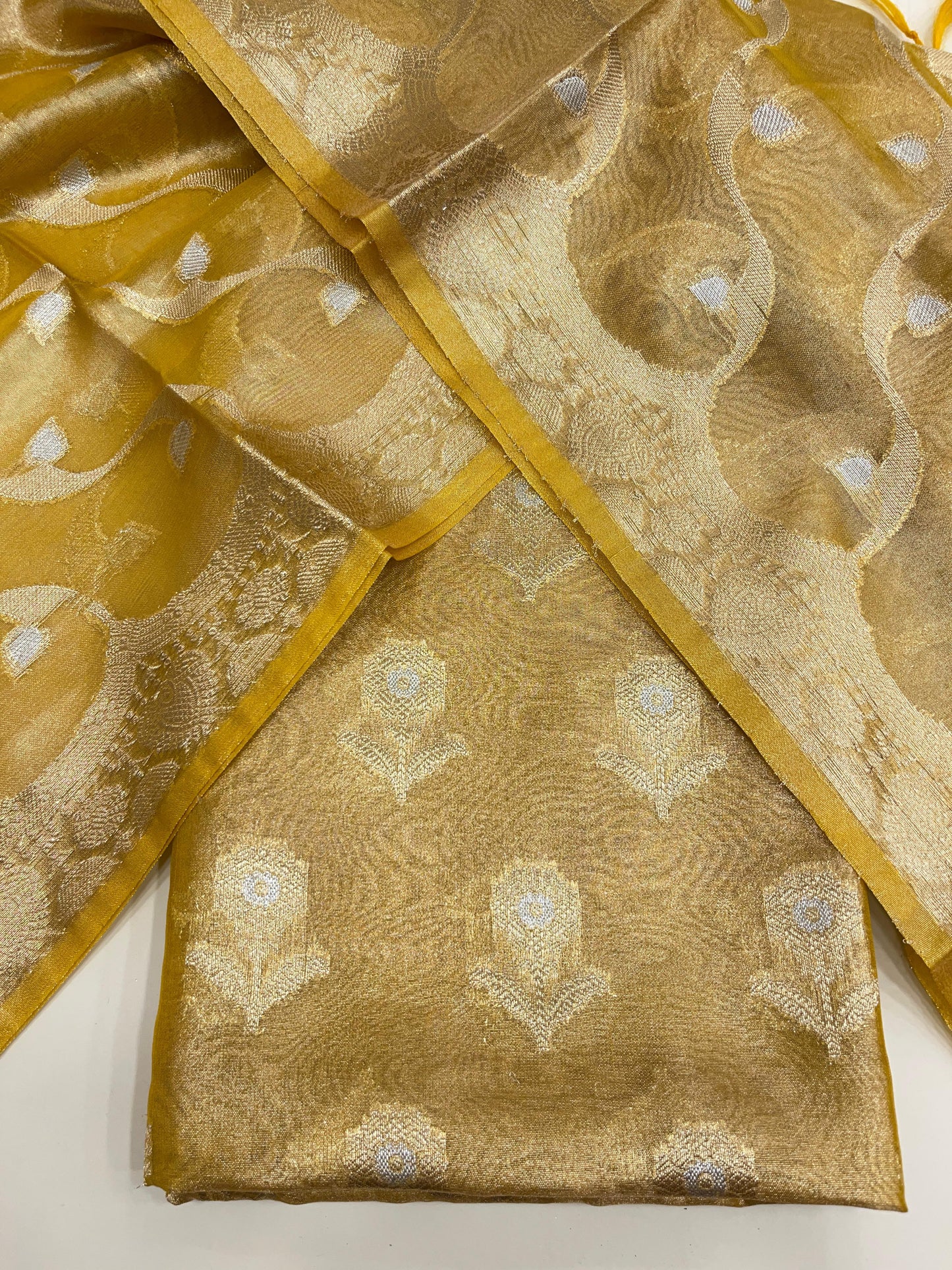 Faishana Presents Gold Floral Sona Zari Rupa Mina Booti 3pcs Suit with Lehariya Silver Mina Gold Stripe Jaal Dupatta