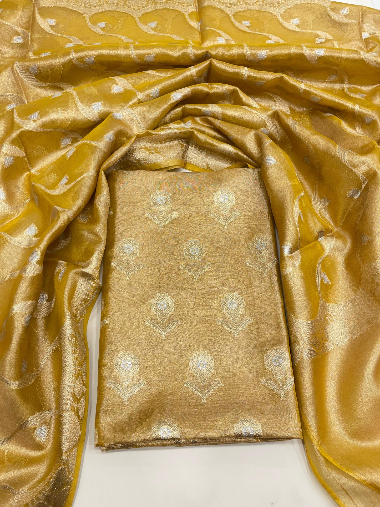 Faishana Presents Gold Floral Sona Zari Rupa Mina Booti 3pcs Suit with Lehariya Silver Mina Gold Stripe Jaal Dupatta