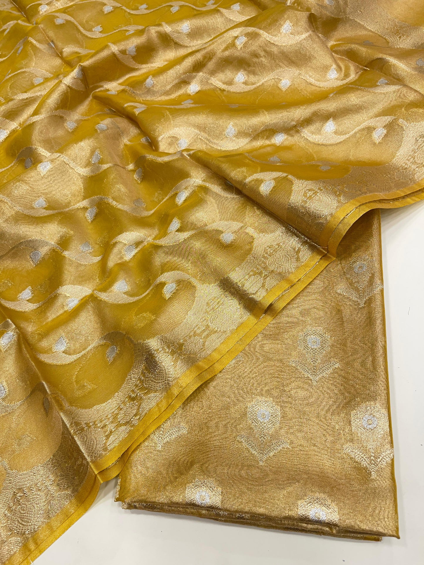 Faishana Presents Gold Floral Sona Zari Rupa Mina Booti 3pcs Suit with Lehariya Silver Mina Gold Stripe Jaal Dupatta