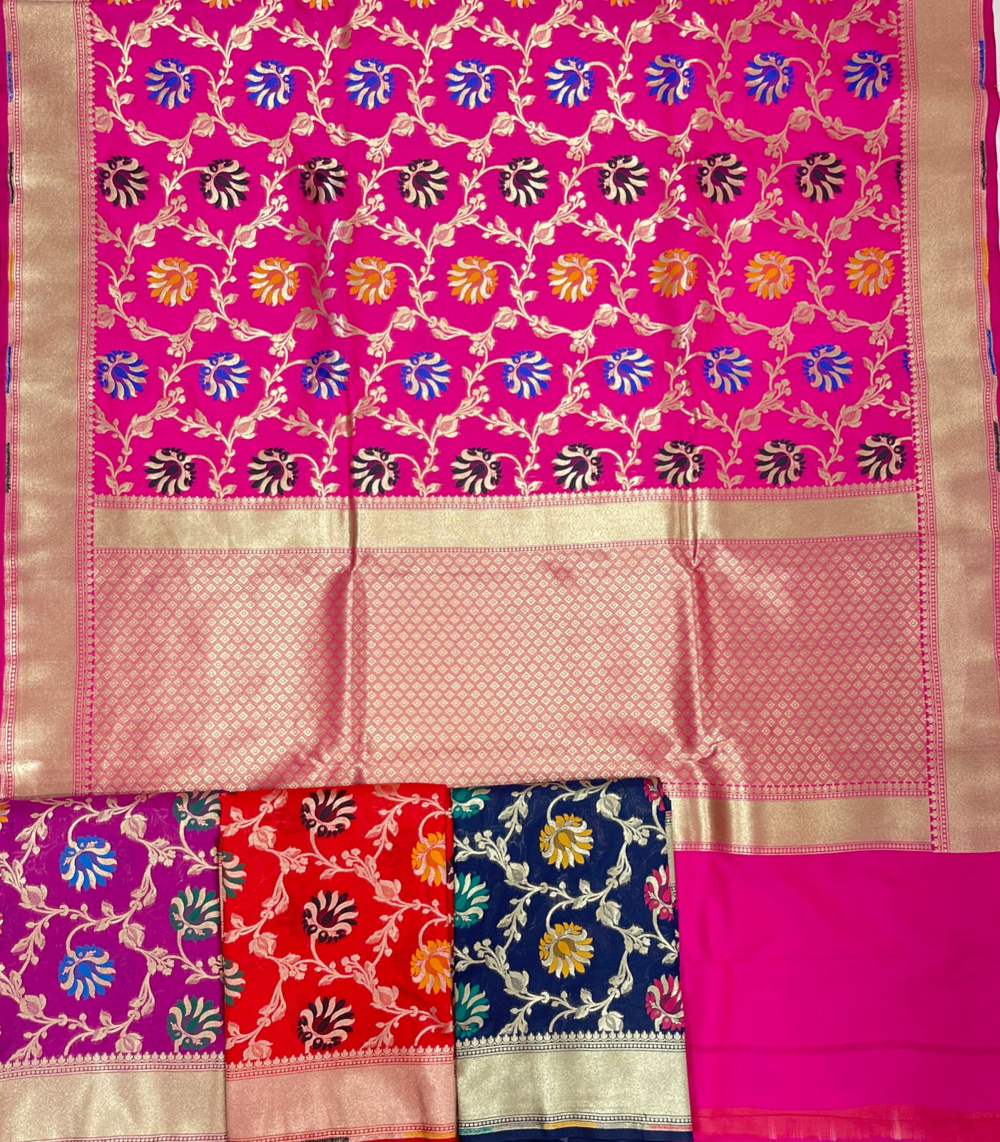 Faishana Presents Pink Katan Silk Floral Mina Zari Jaal Boota with Banarasi Zari Border and Pink Blouse