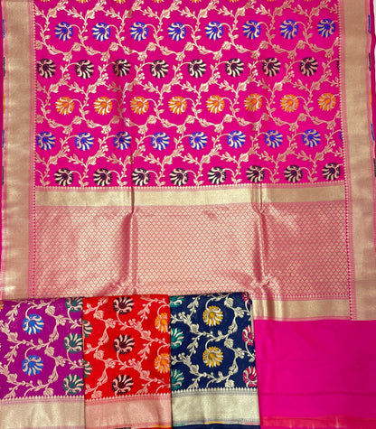 Faishana Presents Pink Katan Silk Floral Mina Zari Jaal Boota with Banarasi Zari Border and Pink Blouse