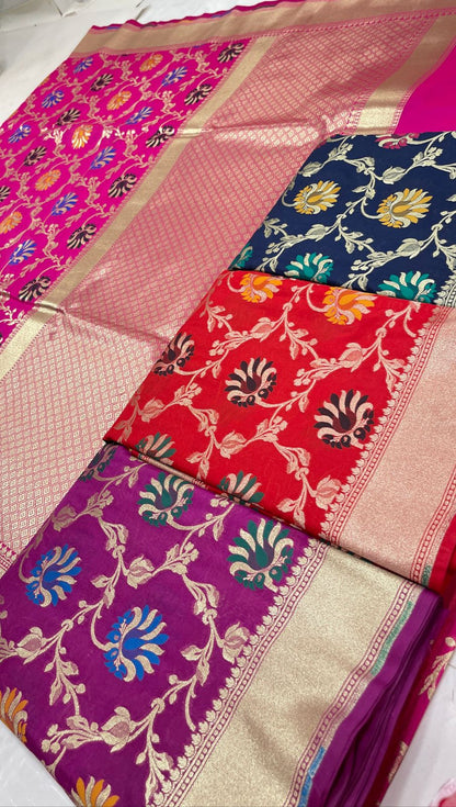 Faishana Presents Pink Katan Silk Floral Mina Zari Jaal Boota with Banarasi Zari Border and Pink Blouse