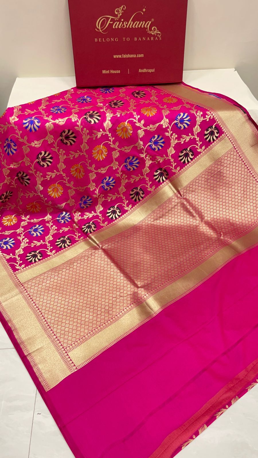 Faishana Presents Pink Katan Silk Floral Mina Zari Jaal Boota with Banarasi Zari Border and Pink Blouse