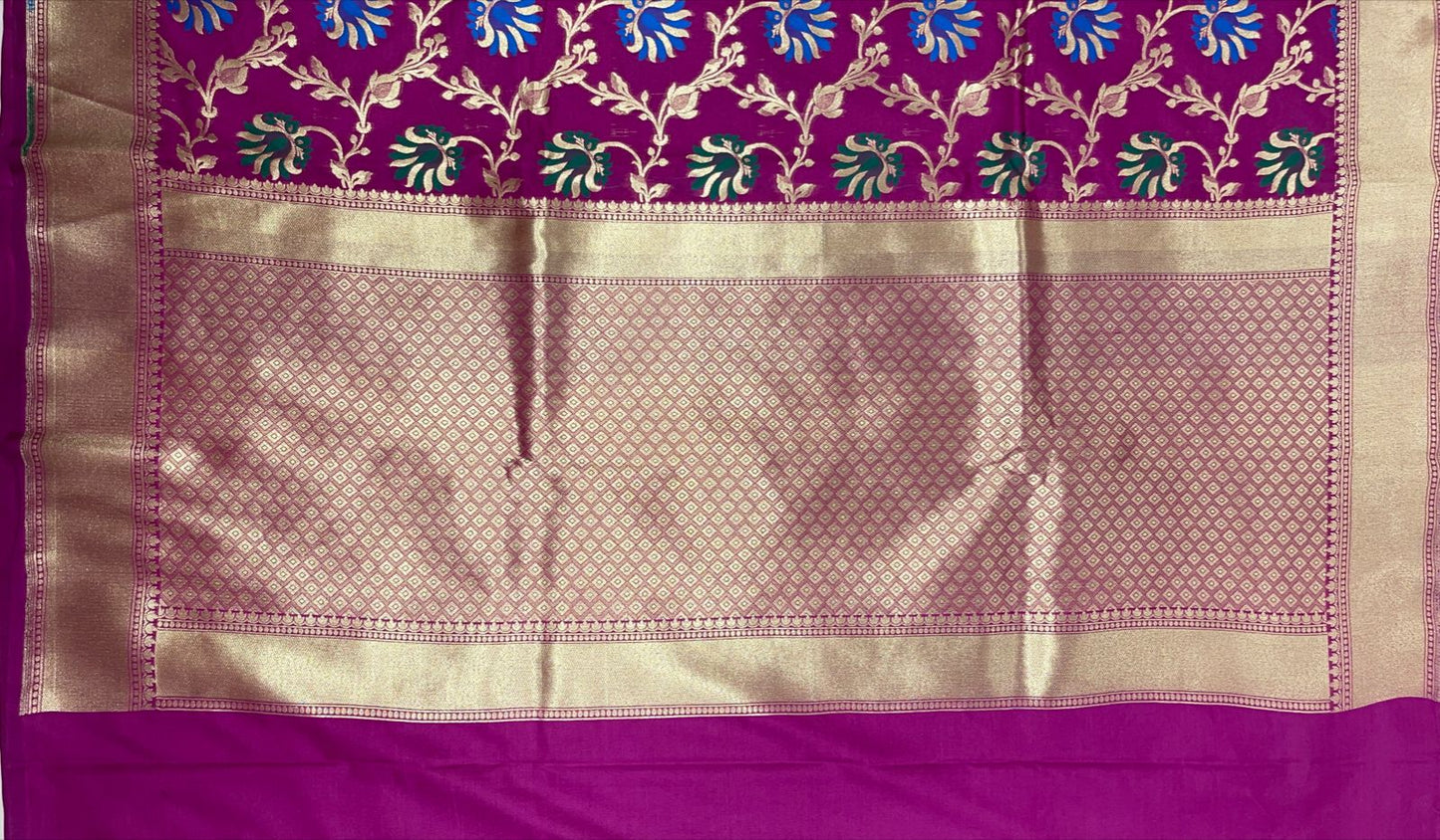 Faishana Presents Magenta Katan Silk Floral Mina Zari Jaal Boota with Banarasi Zari Border and Magenta Blouse