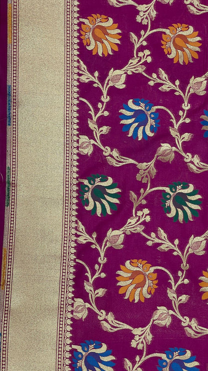 Faishana Presents Magenta Katan Silk Floral Mina Zari Jaal Boota with Banarasi Zari Border and Magenta Blouse
