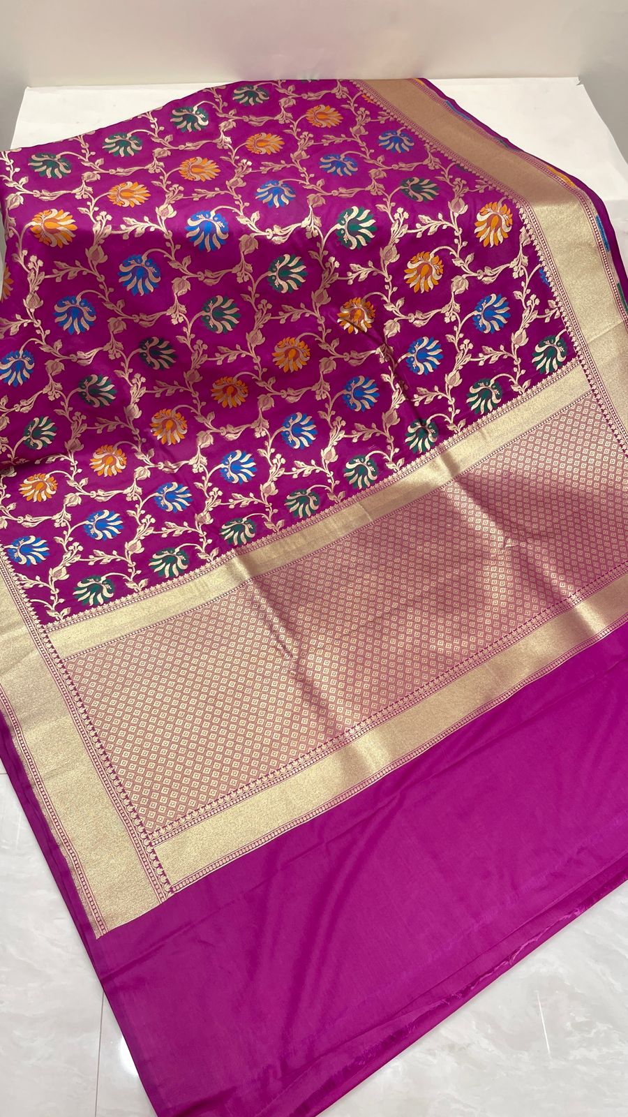 Faishana Presents Magenta Katan Silk Floral Mina Zari Jaal Boota with Banarasi Zari Border and Magenta Blouse