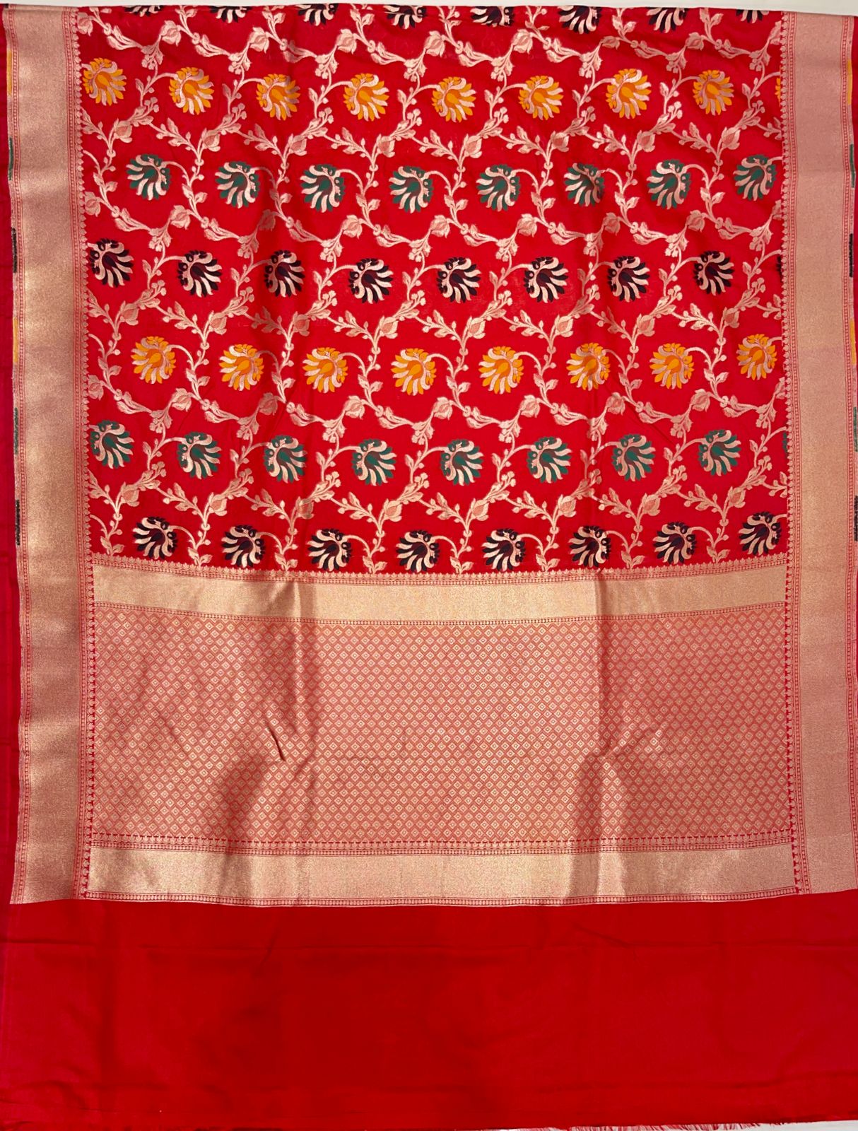 Faishana Presents Red Katan Silk Floral Mina Zari Jaal Boota with Banarasi Zari Border and Red Blouse