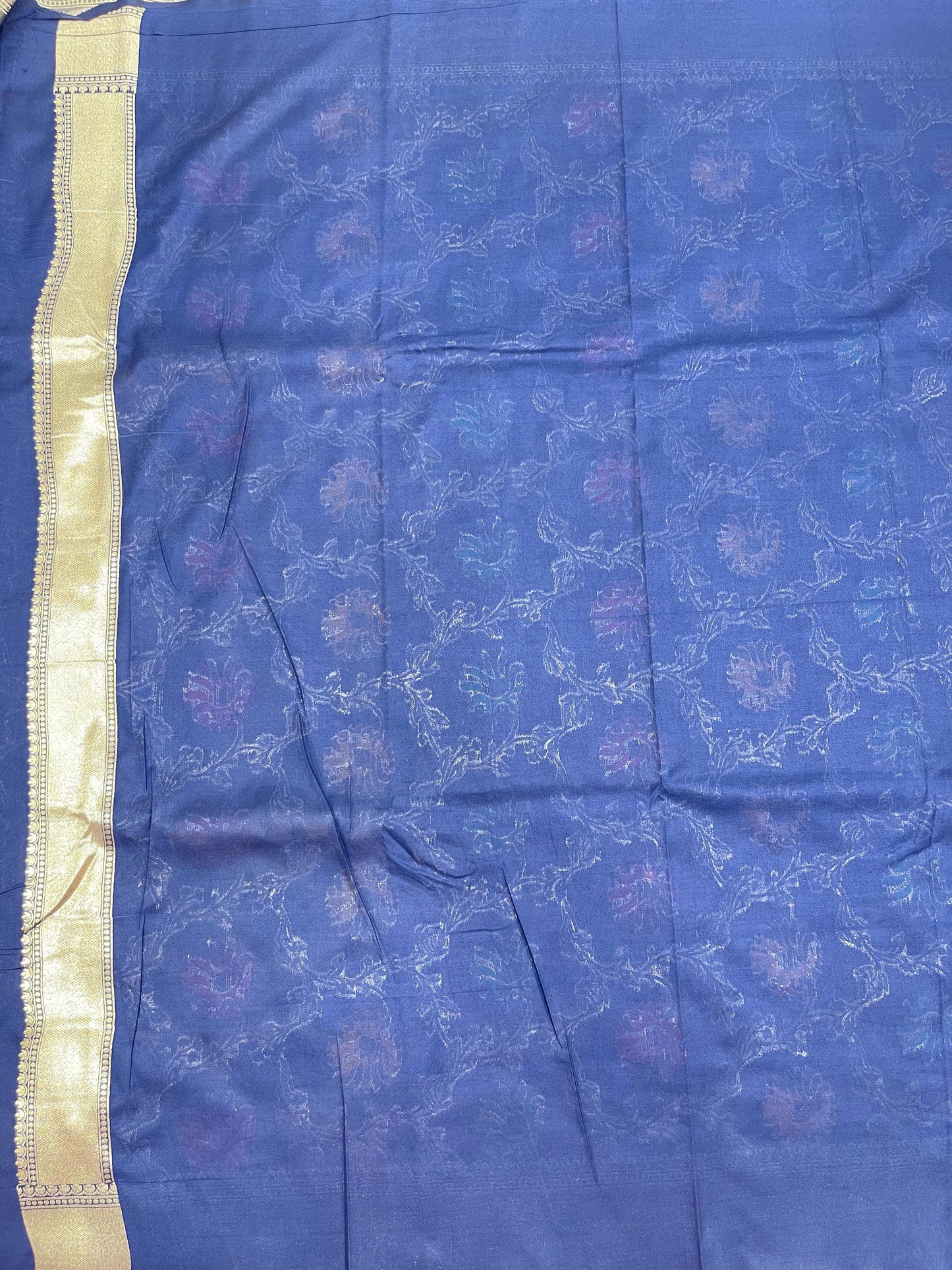 Faishana Presents Navy Blue Katan Silk Floral Mina Zari Jaal Boota with Banarasi Zari Border and Navy Blue Blouse
