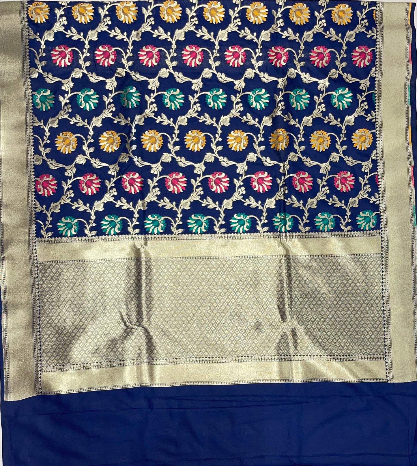 Faishana Presents Navy Blue Katan Silk Floral Mina Zari Jaal Boota with Banarasi Zari Border and Navy Blue Blouse