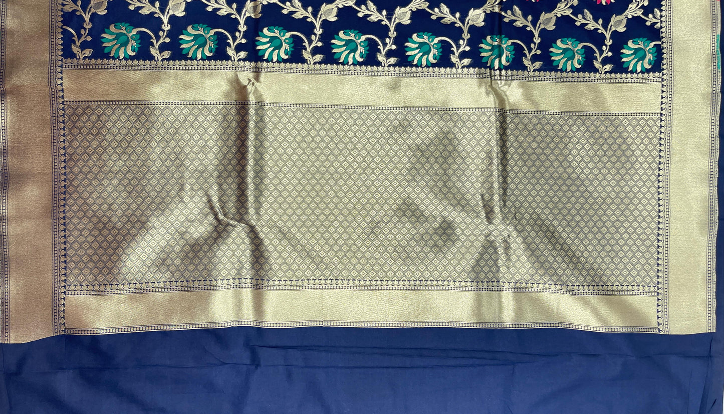 Faishana Presents Navy Blue Katan Silk Floral Mina Zari Jaal Boota with Banarasi Zari Border and Navy Blue Blouse