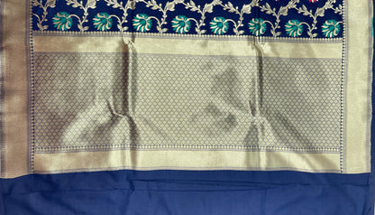 Faishana Presents Navy Blue Katan Silk Floral Mina Zari Jaal Boota with Banarasi Zari Border and Navy Blue Blouse