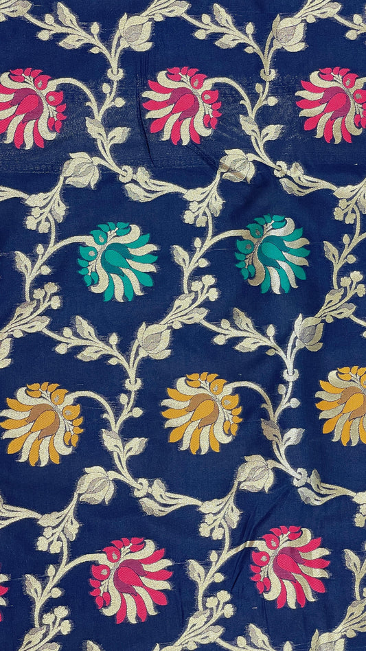 Faishana Presents Navy Blue Katan Silk Floral Mina Zari Jaal Boota with Banarasi Zari Border and Navy Blue Blouse