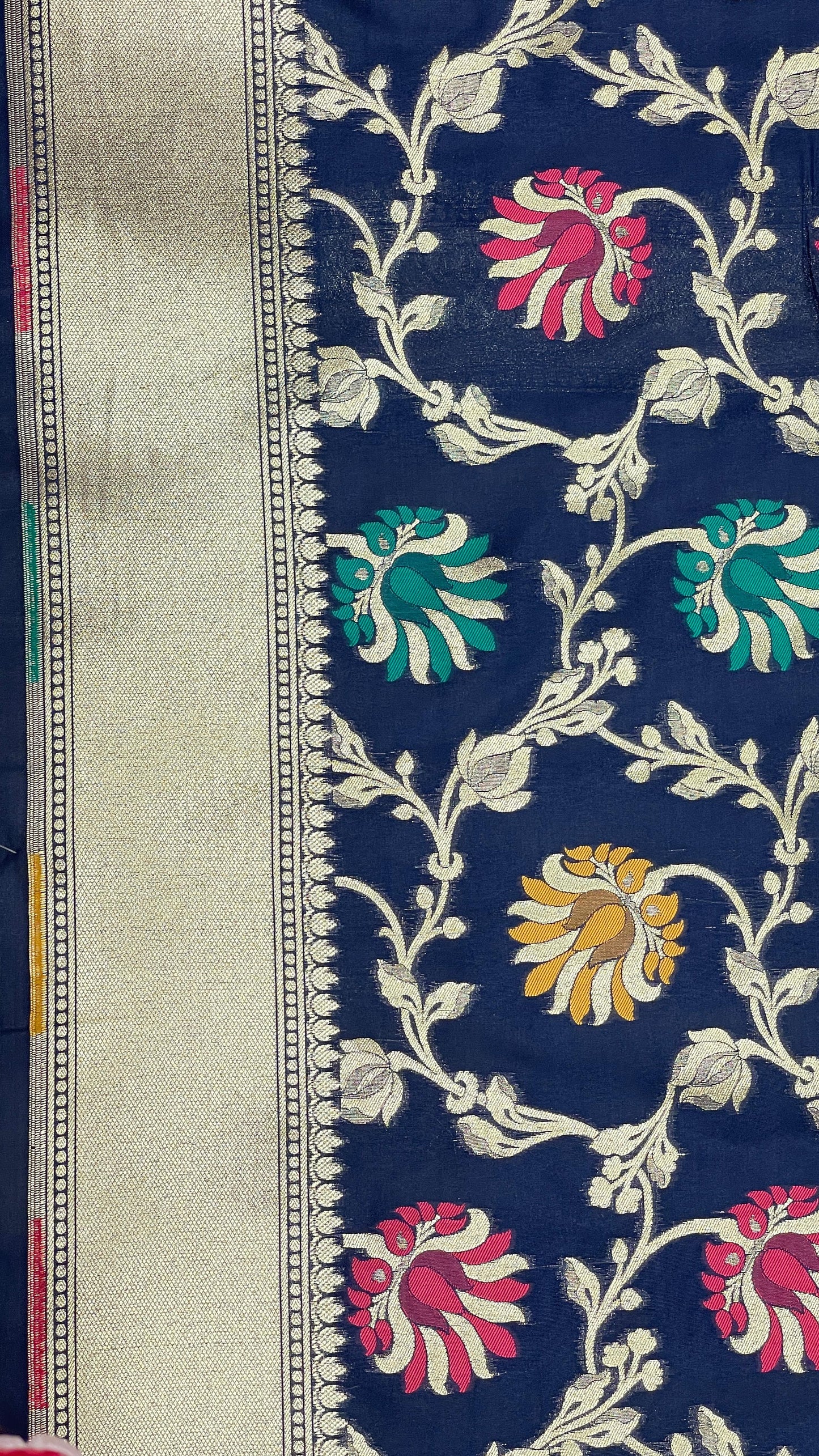 Faishana Presents Navy Blue Katan Silk Floral Mina Zari Jaal Boota with Banarasi Zari Border and Navy Blue Blouse