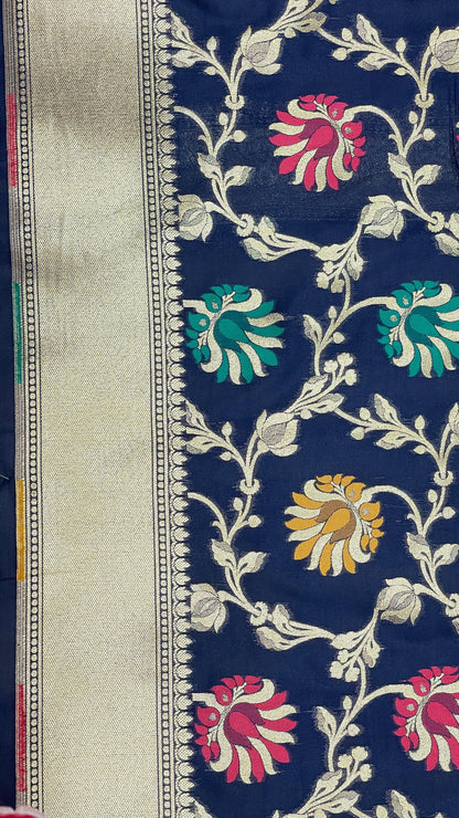 Faishana Presents Navy Blue Katan Silk Floral Mina Zari Jaal Boota with Banarasi Zari Border and Navy Blue Blouse