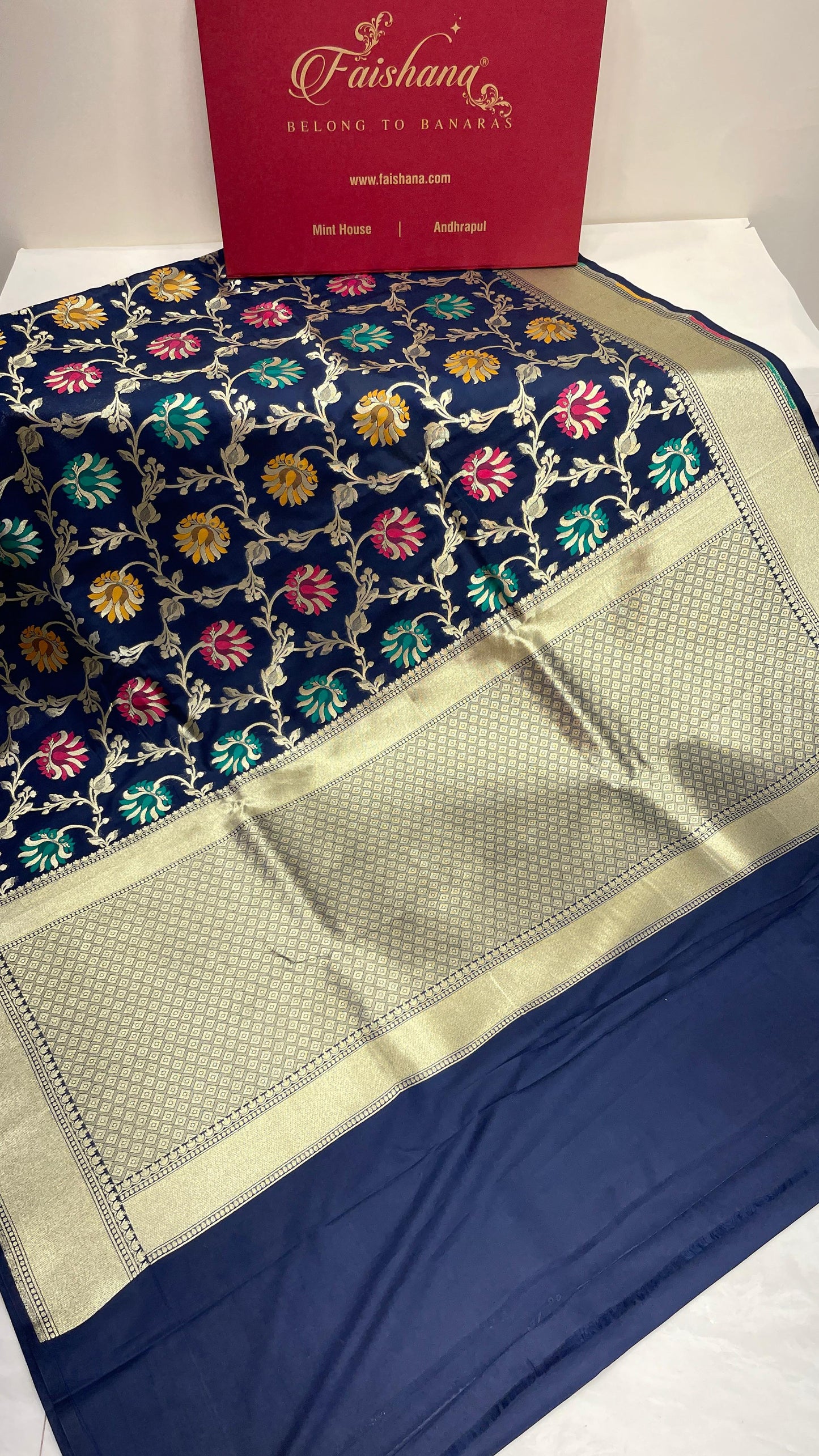 Faishana Presents Navy Blue Katan Silk Floral Mina Zari Jaal Boota with Banarasi Zari Border and Navy Blue Blouse