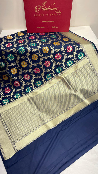 Faishana Presents Navy Blue Katan Silk Floral Mina Zari Jaal Boota with Banarasi Zari Border and Navy Blue Blouse