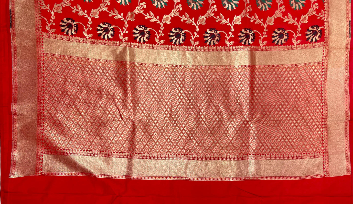 Faishana Presents Red Katan Silk Floral Mina Zari Jaal Boota with Banarasi Zari Border and Red Blouse