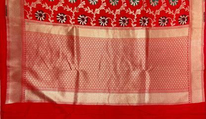 Faishana Presents Red Katan Silk Floral Mina Zari Jaal Boota with Banarasi Zari Border and Red Blouse